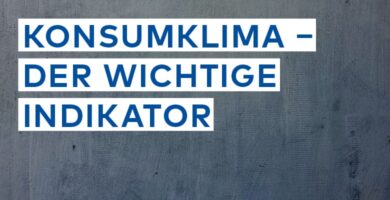 Strukturierter graublauer Hintergrund mit Schriftzug "Konsumklima – Der wichtige Indikator"