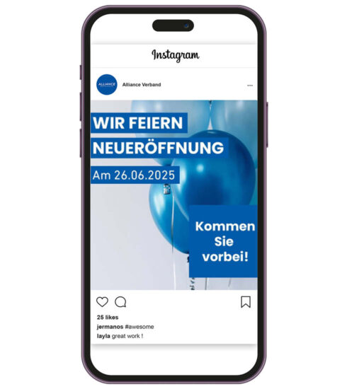 MockUp eines iPhones auf dem ein Instagramposting über ein Jubiläum simuliert wird.
