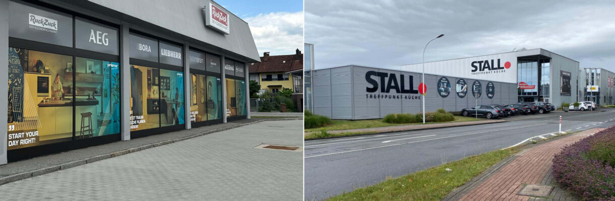 Links: Ruckzuck Küchenfachmarkt. Rechts: Stall Treffpunkt Küche