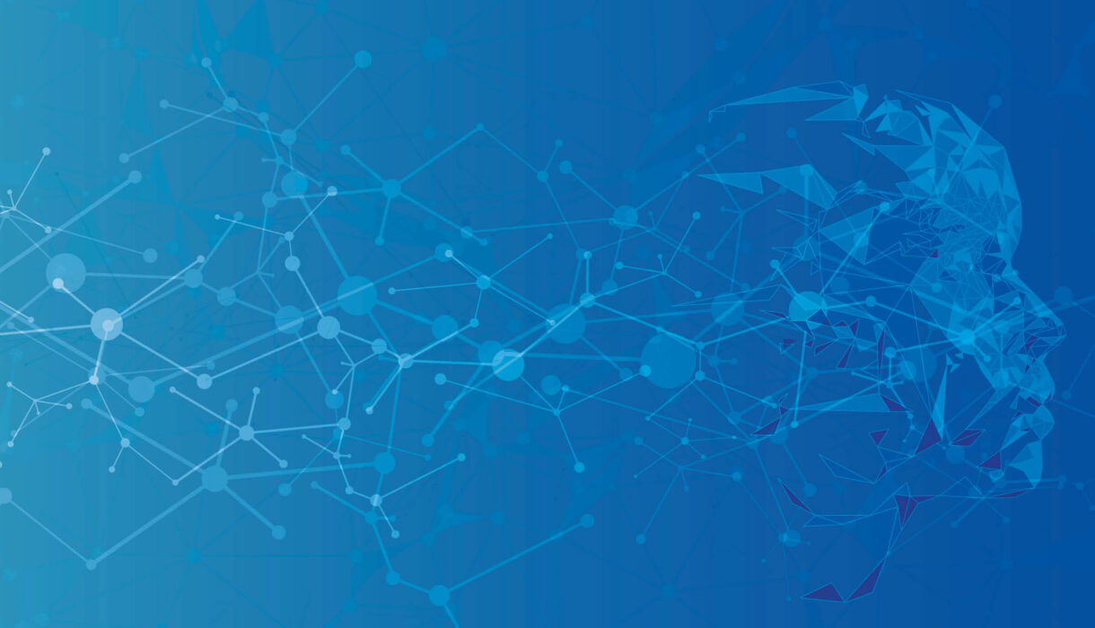 Abstrakte digitale Netzwerkstruktur mit stilisiertem Gesicht – Symbolbild für Digitalisierung, Innovation und Künstliche Intelligenz im alliance Verband.