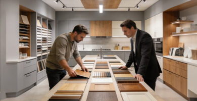Küchenplanung mit großer Auswahl an Arbeitsplatten- und Materialmustern im modernen Küchenstudio