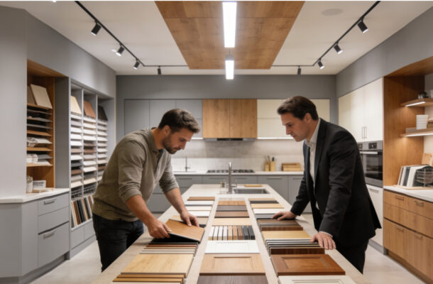 Küchenplanung mit großer Auswahl an Arbeitsplatten- und Materialmustern im modernen Küchenstudio