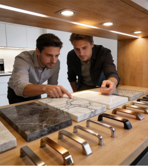 Detailaufnahme von Materialmustern und Griffen bei der Küchenberatung im Studio