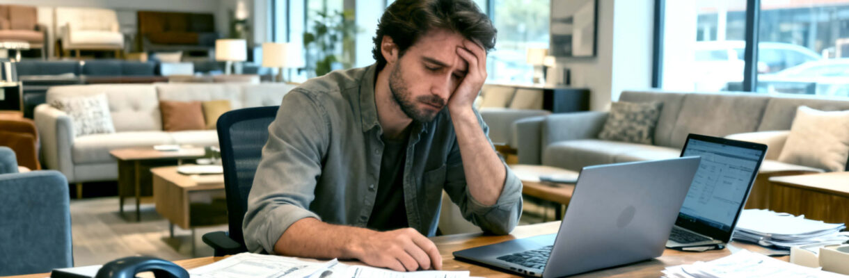 Gestresster Mann im Büro mit Laptop und vielen Unterlagen auf dem Schreibtisch – Überforderung im Arbeitsalltag als Ausgangspunkt für Strategieentwicklung und Prozessoptimierung