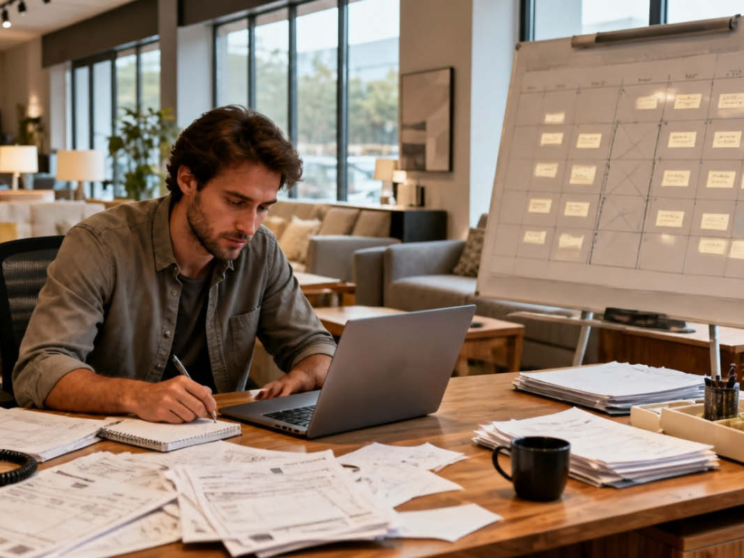 Gestresster Mann im Büro mit Laptop und vielen Unterlagen auf dem Schreibtisch – Überforderung im Arbeitsalltag als Ausgangspunkt für Strategieentwicklung und Prozessoptimierung