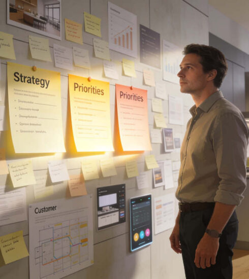 Mann analysiert Strategieboard mit Prioritäten und Notizen – strukturierte Planung und Strategieentwicklung für nachhaltigen Unternehmenserfolg