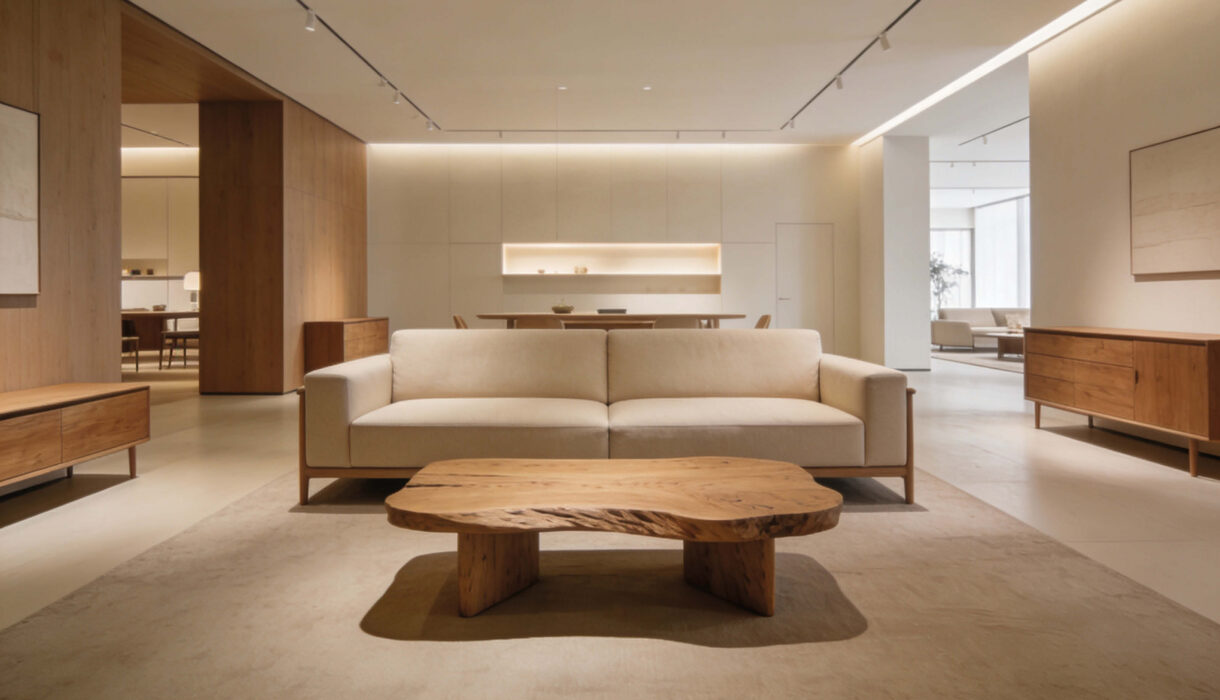 Offener Wohn- und Küchenbereich mit hochwertiger Designküche, minimalistischer Küchenplanung und modernen Holzmöbeln. Helles Wohnzimmer mit cremefarbenem Sofa, massivem Couchtisch aus Naturholz, Sideboards und integrierter Küchenzeile in warmem Holzdesign. Zeitlose Einrichtung mit klaren Linien, indirekter Beleuchtung und harmonischem Raumkonzept für exklusives Wohnen und moderne Küchenmöbel.