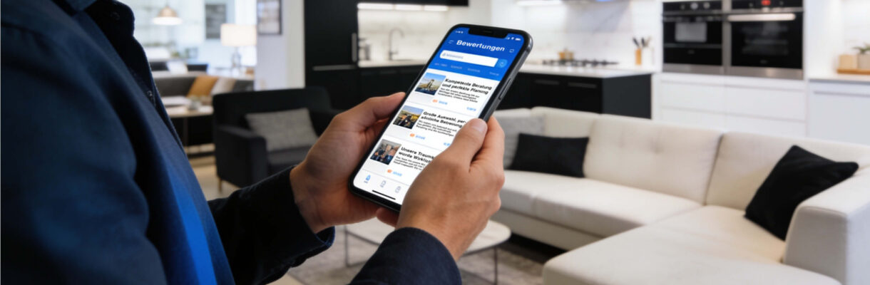 Mann liest Kundenbewertungen auf dem Smartphone in einem modernen Küchenstudio mit schwarz-weißer Einbauküche, Wohnmöbeln und heller Sofalandschaft.