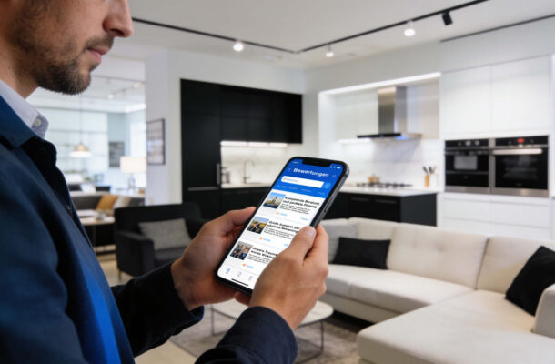 Mann liest Kundenbewertungen auf dem Smartphone in einem modernen Küchenstudio mit schwarz-weißer Einbauküche, Wohnmöbeln und heller Sofalandschaft.