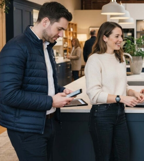 Paar informiert sich mit Smartphone und Tablet in einem Küchenstudio, während im Hintergrund moderne Küchenmöbel, Arbeitsplatten und Leuchten präsentiert werden.