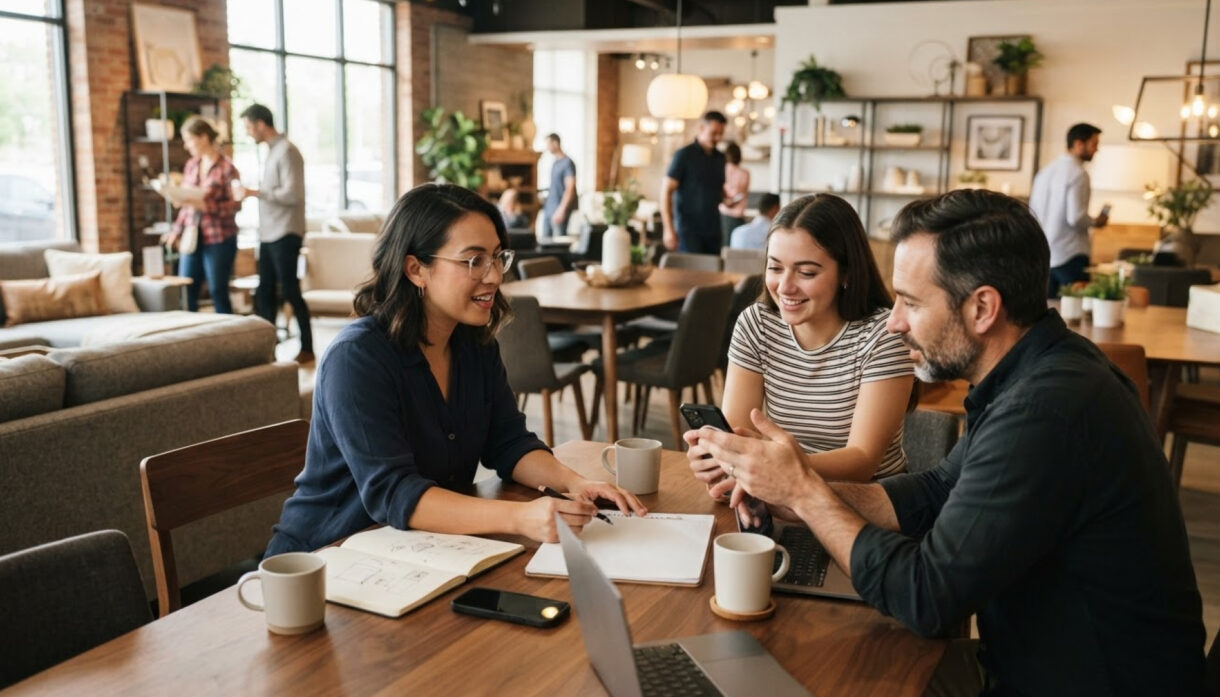 Drei Mitarbeitende besprechen am Holztisch eine digitale Marketingidee mit Smartphone, Laptop und Skizzen in einem modernen Möbelhaus mit Wohnmöbeln, Essgruppen und Beratungssituation.