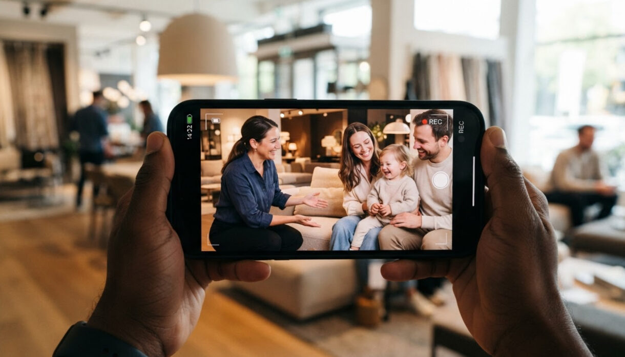 Smartphone zeichnet eine persönliche Beratung mit Familie, Kind und Fachberaterin im Möbel- und Küchenstudio auf und zeigt emotionales Storytelling zwischen Sofa, Leuchten und moderner Einrichtung.