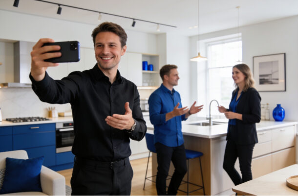 Mitarbeiter filmt mit dem Smartphone ein Social-Media-Video in einer modernen Ausstellungsküche mit blauen Küchenmöbeln und Kochinsel, während zwei Kollegen im Hintergrund über Küchenplanung und Marketing sprechen.
