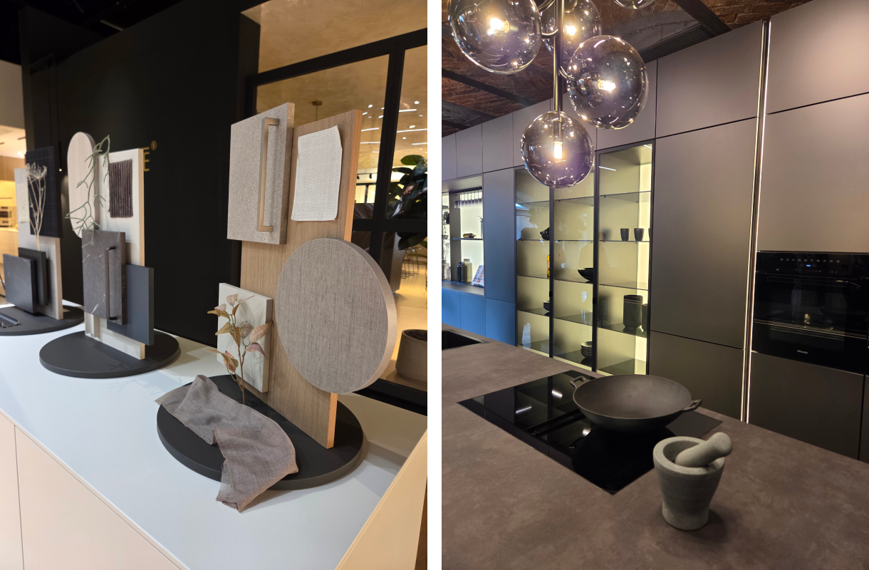 Materialcollage mit Holz- und Steinmustern neben einer Küche mit Glaskugelleuchten und beleuchteter Vitrine.