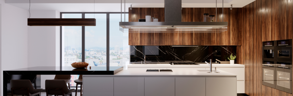Großzügige moderne Designküche mit weißer Kücheninsel, Holzfronten, dunkler Natursteinoptik und integrierten Einbaugeräten – hochwertige Küchenplanung bei Alliance Küchen.