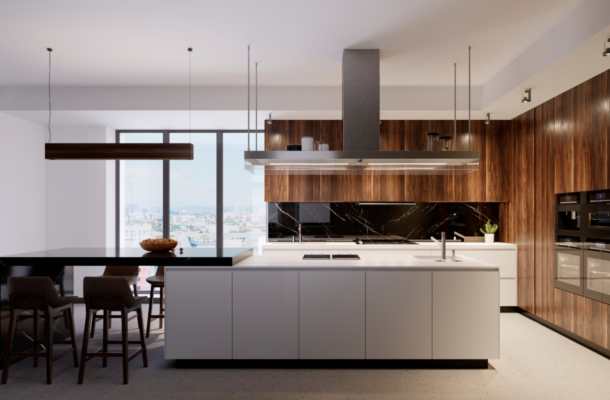 Großzügige moderne Designküche mit weißer Kücheninsel, Holzfronten, dunkler Natursteinoptik und integrierten Einbaugeräten – hochwertige Küchenplanung bei Alliance Küchen.