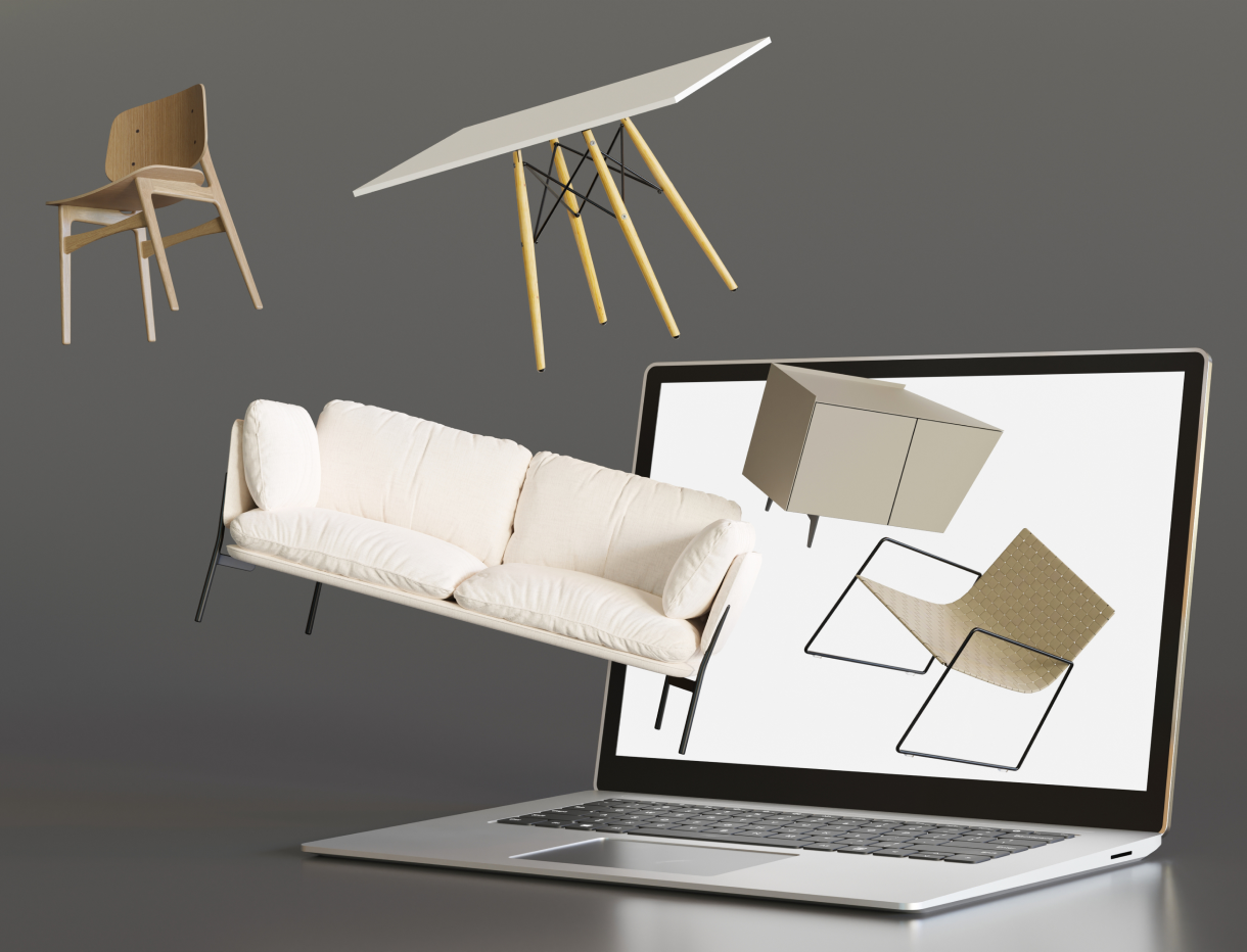 Digitale Möbelplanung am Laptop mit visualisierten Stühlen, Tisch und Sofa – moderne Einrichtungsplanung und Möbelkonzepte bei Alliance Küchen.