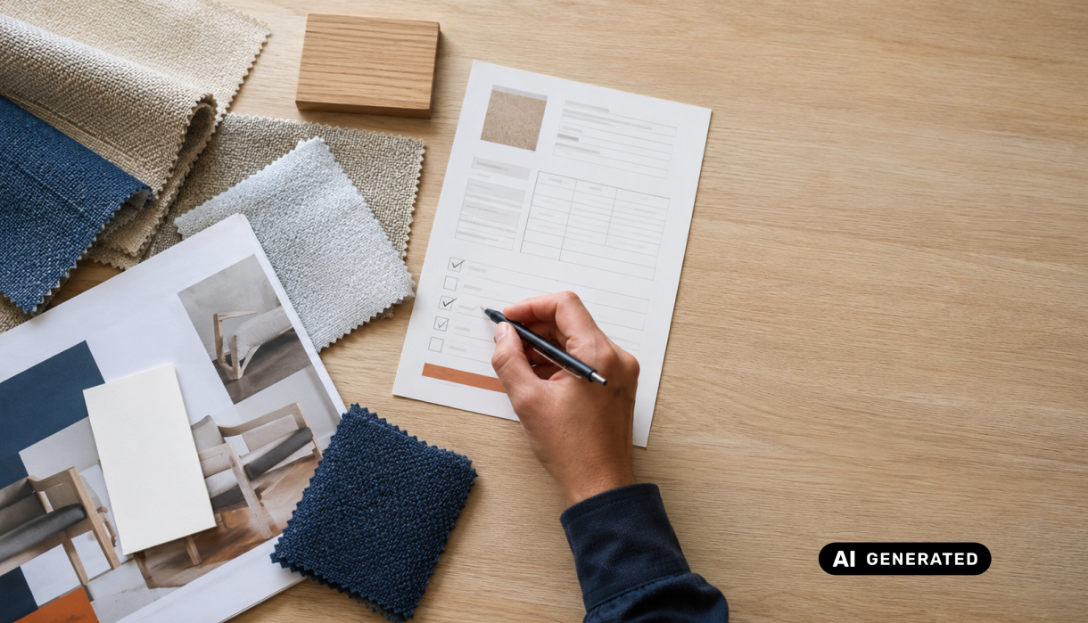 Materialmuster für Möbel und Küchenplanung mit Stoffen, Holzprobe und Prüfliste – Bewertung von Materialien und Nachhaltigkeitsangaben bei Alliance Küchen.