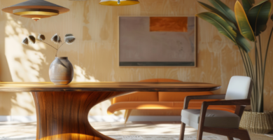 Wohnlicher Essbereich mit markantem Holztisch, modernem Sessel, Pendelleuchten und warmen Naturtönen – stilvolle Einrichtung und zeitgemäßes Wohnkonzept bei Alliance Küchen.